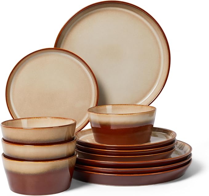 Pokini Dinnerware Set for 4, Ceramic Dish Sets, Plate and Bowl Set, Microwave & Dishwasher Safe Dishware Set, Chip & Scratch Resistant Dinner Set, No Two Are Alike, Amber Brown