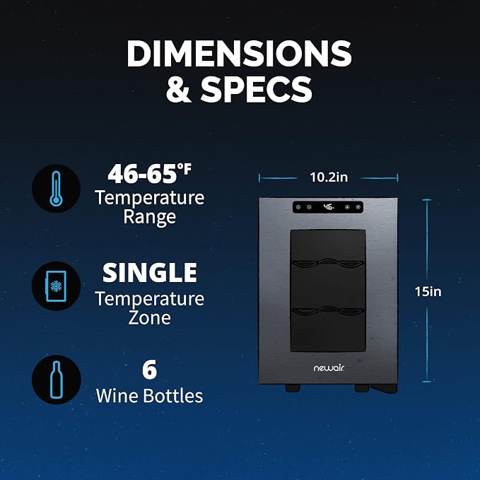 NewAir 10" Wine Fridge for 6 Bottles | Freestanding Wine Cooler Refrigerator with Glass Door | Compact Countertop Storage with Precision Cooling & Quiet Operation | Black