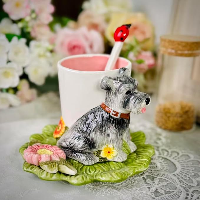 Ceramic Animal Coffee Mug Cup and Saucer Set，200ML(6.8OZ) 3D Hand-painted Tea Cup with Spoon (Grey)