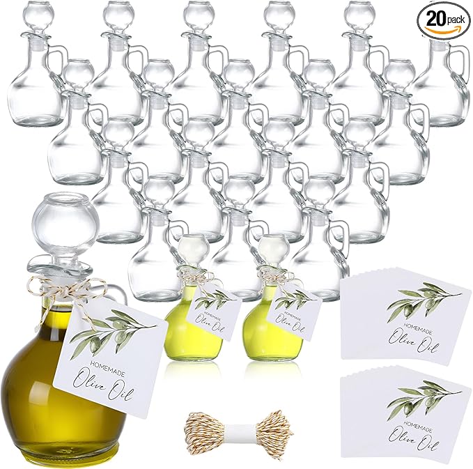 Vesici 20 Set Olive Oil Glass Bottle with Stopper Mini Oil Cruet Dispenser with Label Vinegar Bottle with Spout for Kitchen Salad Dressing Syrup Container for Wedding Baby Shower Party Favors(3.5 Oz)