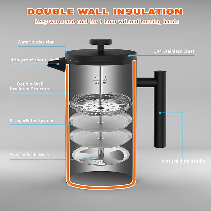 French Press Coffee Maker, 4-Layer Filtration, Double Wall 304 Stainless Steel Coffee Press, Heat Resistant Rust-Proof, Multi-Use for Coffee Tea Espresso Home Office Travel