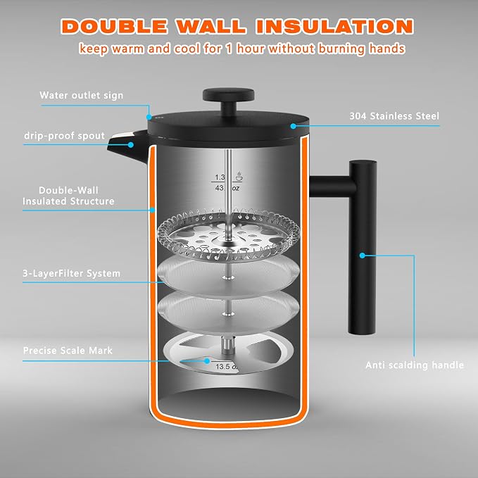 French Press Coffee Maker, 4-Layer Filtration, Double Wall 304 Stainless Steel Coffee Press, Heat Resistant Rust-Proof, Multi-Use for Coffee Tea Espresso Home Office Travel