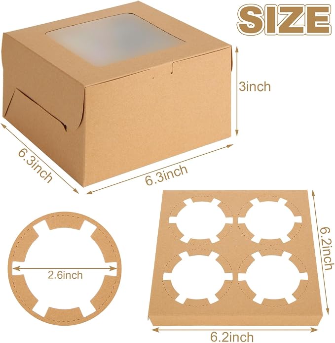 100 PCS Cupcake Boxes 4 Count Cupcake Containers Brown Kraft Paper Cupcake Boxes Treat Boxes with Insert 4 Cavity for Muffins Cookies Cupcakes Macarons Donuts（6x6x3 Inch）