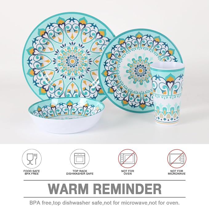 Melamine Dinnerware Set for 4-16 Pcs:Camping Dishes Set with Dinner Plates,Salad Plates,Bowls and Cups.Lightweight and Unbreakable.Indoor and Outdoor Use.