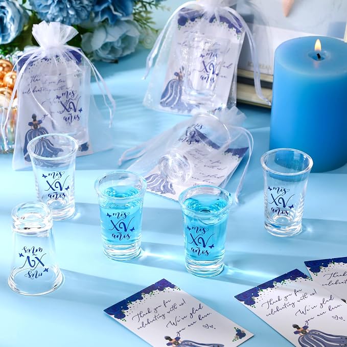 Havawish 25 Sets Quinceanera Party Favors for Guests Quinceanera Acrylic Clear Personalized Shot Glasses Thank You Cards with Organza Bags Mis Xv Años Sweet 15 Birthday Party Favors (Blue)
