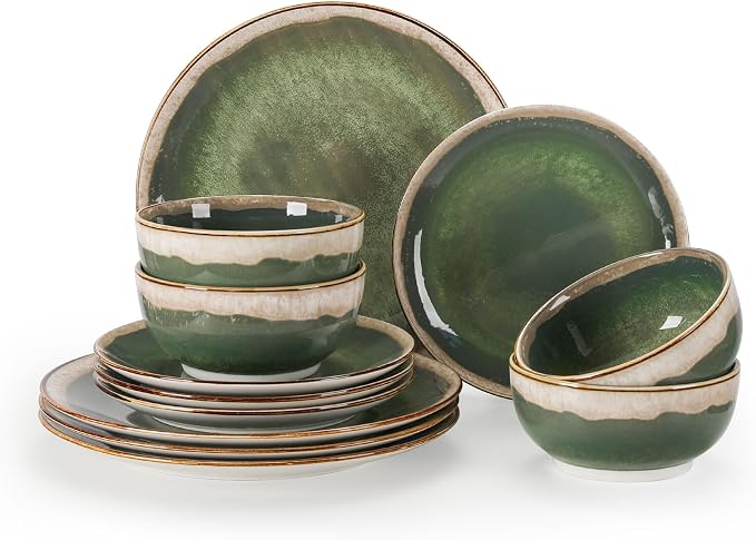 Sweejar 12 Pieces Ceramic Dinnerware Sets for 4, Gradient Glaze Plates and Bowls Set, Microwave & Dishwasher Safe, Stackable Dish Set, Scratch Resistant Dishware Sets, Green