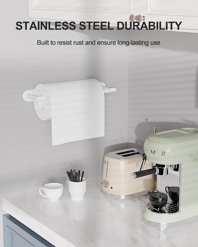 White Paper Towel Holder Under Cabinet, Self Adhesive or Wall Mounted SUS304 Stainless Steel Paper Towel Holder for Kitchen, Bathroom, Farmhouse, Barbecue and Laundry (White)