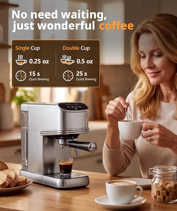 Electactic Compact Espresso Coffee Machine, Espresso Maker with Powerful Milk Frother for Cappuccino, Latte, Small Coffee Machine & Coffee Maker for Home, Apartments, Offices, Dorms, Silver