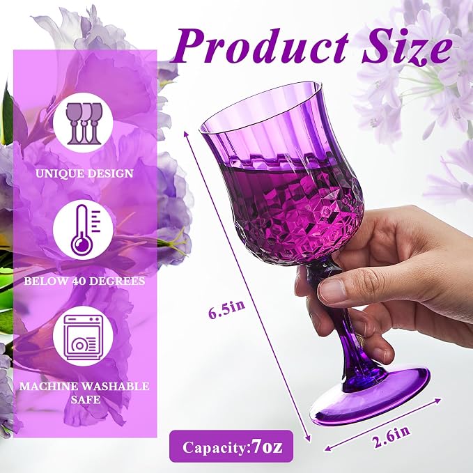 Pinkunn 6 Pcs 7 oz Plastic Vintage Wine Glasses Reusable Colored Goblets Patterned Drinking Water Glasses Cup Dishwasher Safe for Mother's Day Wedding Reception Party Supplies (Purple)