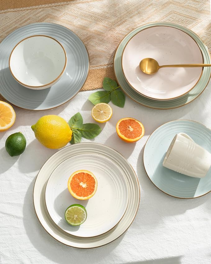 Famiware Jupiter 12-Piece Stoneware Dinnerware Set for 4, Handcrafted Plates and Bowls with Speckles & Embossed Swirls, Chip/Scratch Resistant, Microwave/Dishwasher Safe, Modern Dishes, Multi-color