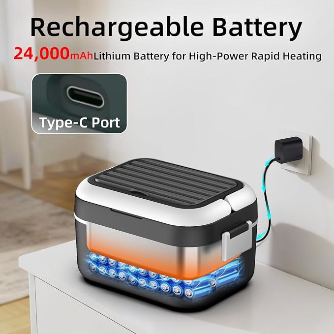 Cordless Electric Heated Lunch Box for Adults, XL 6.3-Cups Rechargeable Battery Powered Smart Self Heating Lunchbox for Men Women, 100W Food Warmer for Trucks Driver Travel Office Worker