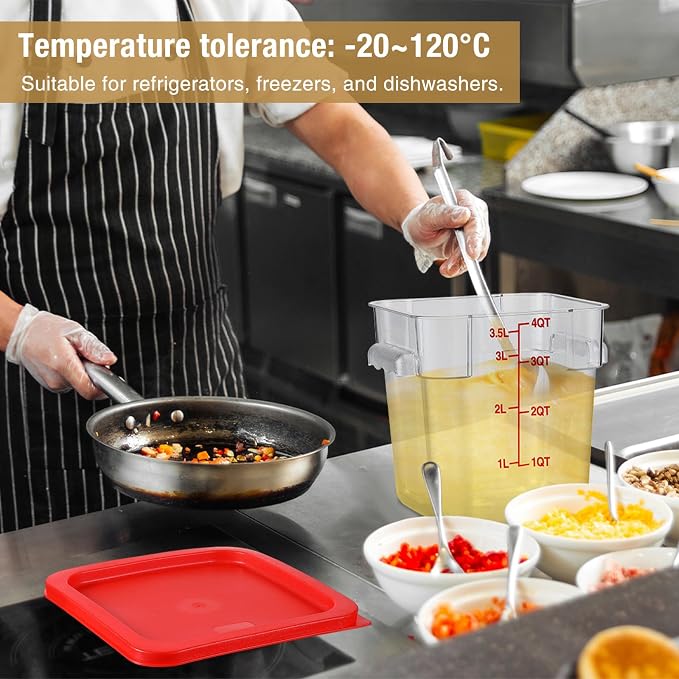 Suclain 2 Pcs Square Food Storage Container Polycarbonate Clear Food Container with Lid Commercial Rice Storage with Graduations for Commercial Kitchen(2 Qt,4 Qt,Red)
