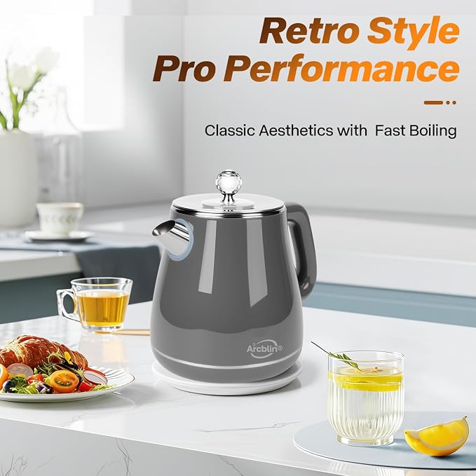 Retro Electric Tea Kettle 1.8L, Stainless Steel Electric Hot Water Kettle for Boiling Water, BPA Free, 1350W Fast Boil, Auto Shut Off & Boil-Dry Protection, Gray