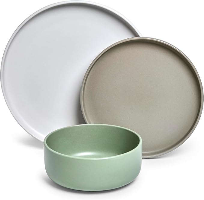 Sango 12-Piece Stoneware Dinnerware Set for 4, Satin Glazed Plates and Bowls Sets with Matte Finish, Ceramic Dish Set, Durable Kitchen Dishes, Microwave & Dishwasher Safe for Casual Dining, Rollo Alta