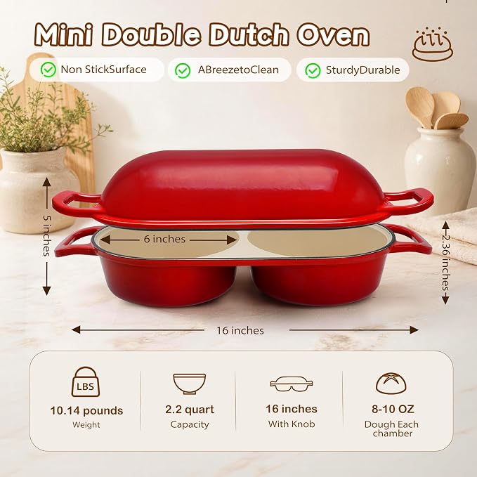 Mini Double Dutch Oven for Sourdough Bread Baking – Enameled Cast Iron Bread Pan with Lid, 500°F Oven Safe Non-Stick, Dual Round Loaf Space (6inch Diameter), Bake Two Different Loaves at Once, Includes 2×5" Banneton Proofing Baskets (Red)
