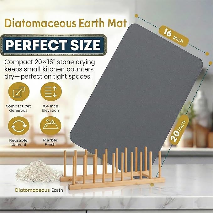Stone Drying Mat for Kitchen Counter with 5 Wooden Feet &Bamboo Rack, 19.7"×15.7" Diatomaceous Earth Dish Drying Mat, Elevated Drying Stone Mat for Modern Kitchen Countertop