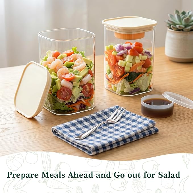 LIBWYS Glass Salad Jars with Lids Meal Prep, 34oz Larger Square Containers for Home Storage & Lunch, Built-In Leakproof Compartments, Wet/Dry Separation for Salad Dressing & Ingredients