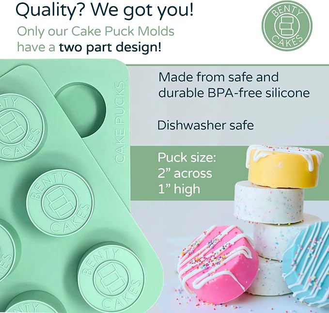 Benty Cakes – The Original Cake Puck Bonus Bundle Set – Better than a Cake Pop! Make Chocolate Covered Desserts – BPA Free Silicone – Includes 1 Mold Set, 2 Trays and 2 Scrapers – Green
