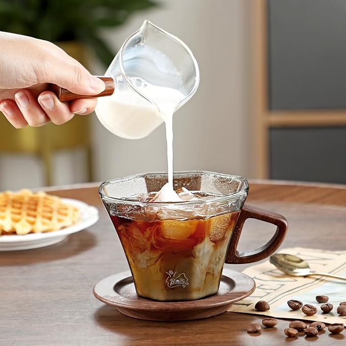 Bincoo Glass Mug with Wooden Handle and and Saucer Set-280ML Glass Coffee Cup Heat Resistant Lightweight Tea Mugs Ideal for Home, Cafe, Coffee Bar(Grey)
