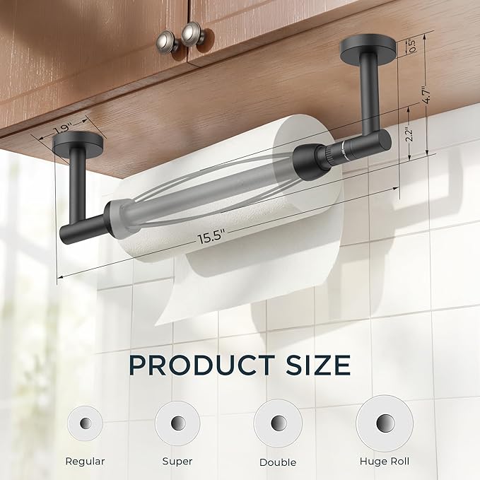 FORIOUS Paper Towel Holder Under Cabinet, SUS304 Wall Mounted Commercial Paper Towel Holder, One-Handed Tear Hanging Paper Roll Holder with Ratchet Mechanism for Kitchen Bathroom Matte Black