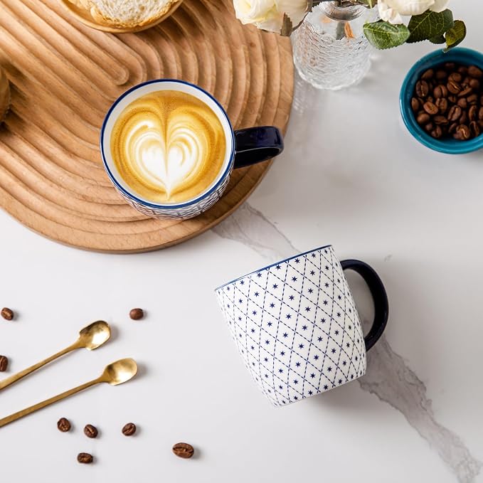 Ceramic Coffee Mugs Set - 10 OZ Large Porcelain Tea Cups with Handle for Milk Cappuccino Latte Cocoa Tea - Microwave Dishwasher Safe - Christmas Housewarming Gift -Set of 6 - Vintage Blue