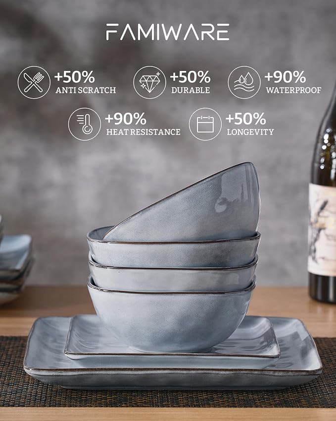 Famiware Stoneware Dinnerware Sets for 8, Ocean Square 24-Piece Kitchen Plates and Bowls Sets, Microwave and Dishwasher Safe, Scratch Resistant, Grey