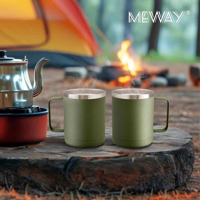 MEWAY 12oz Coffee Mug With Handle 4 Pack Bulk,Stainless Steel Insulated Travel Tumblers With Sliding Lid,Double Wall Vacuum Camping Cup for Hot & Cold Drinks Tea (Army Green,Set of 4)