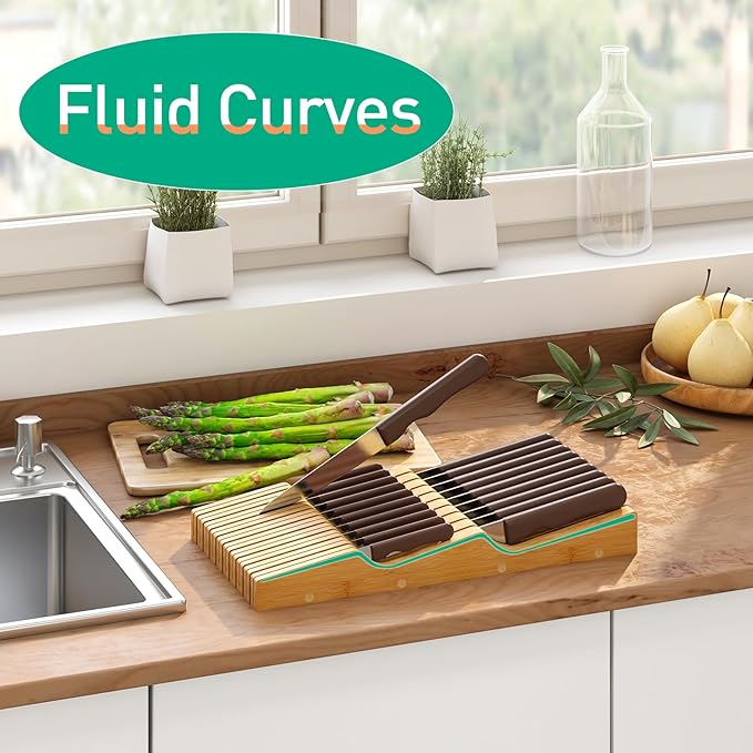 Large Drawer Knife Organizer Insert, Bamboo Wood Knife Holder, Knife Block Hold up To 19 Knives