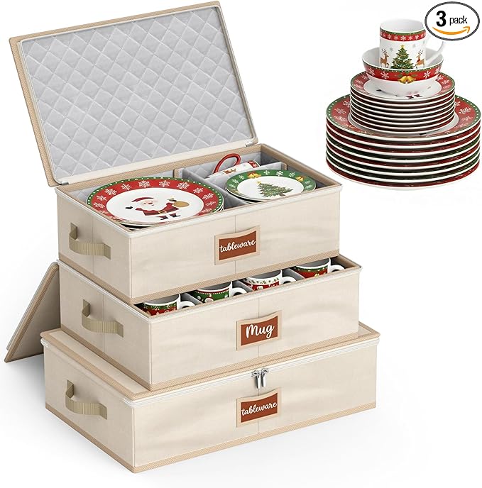 MISSLO Large Capacity China Storage Containers Hard Shell Plate Storage Containers, Kitchen Packing Moving Boxes for Dishes, Dinnerwares, Mugs Protectors, Beige, 3 Piece Set