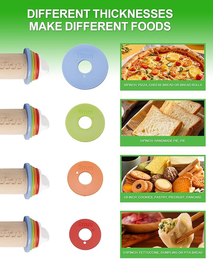 16.7" Wood Rolling Pin with Thickness Rings, Adjustable Wooden Rolling Pins for Cookie Pastry Tools, Dough Roller Pins with 1PCS Silicone Pastry Mat & 11PCS Stainless Steel Cookie Cutters