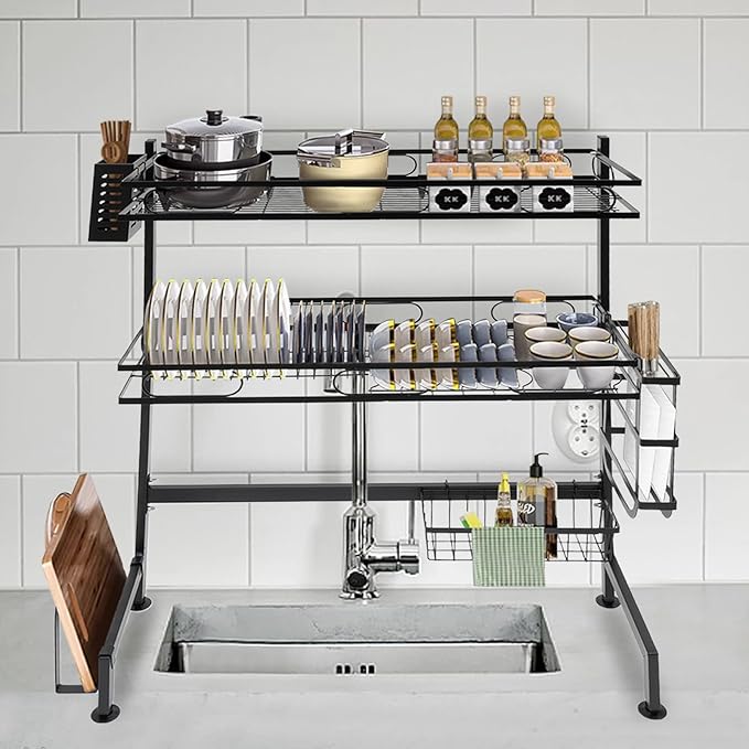 2-Tier Over Sink Dish Drying Rack Cutlery Drainer Kitchen Shelf Cup Organizing 25.6*11.02*32.28in, for Storing Seasonings, Dishes, Chopsticks, Cutting Boards, Knives, Forks, Soaps, Sponges