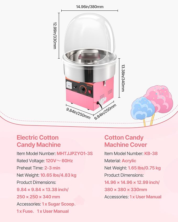 VEVOR Electric Cotton Candy Machine, 1000W Commercial Floss Maker With Cover, Commercial Cotton Candy Machine w/Stainless Steel Bowl & Sugar Scoop, Ideal for Carnival, Birthday, Family Party, Pink