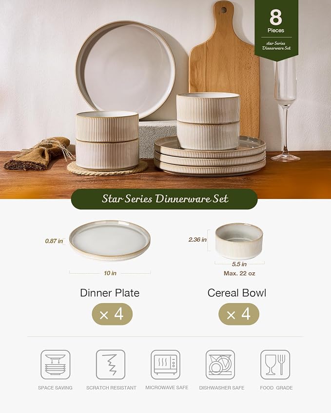 Famiware Star 8-Piece Stoneware Dinnerware Set for 4 – 10.5" Flat Dinner Plates & 23 oz Deep Cereal Bowls, Everyday & Formal Use, Chip & Scratch Resistant, Microwave/Dishwasher Safe, Cappuccino White