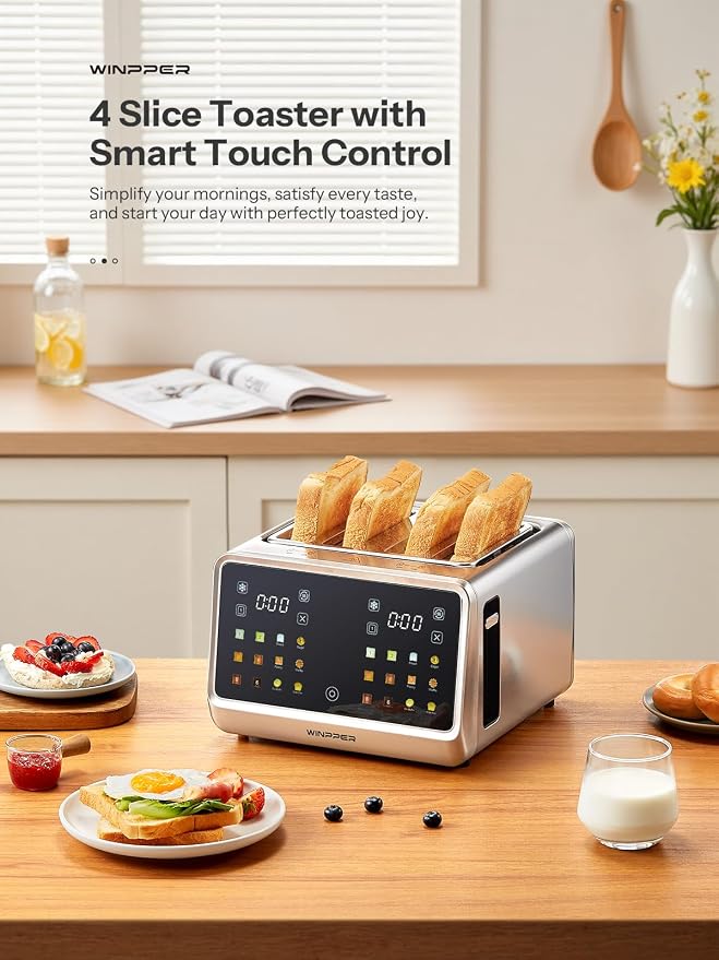 4 Slice Touchscreen Toaster, Digital Display Stainless Steel Toaster with Extra Wide Slots, 6 Shade Settings, Defrost Reheat Cancel Functions, Removable Crumb Tray