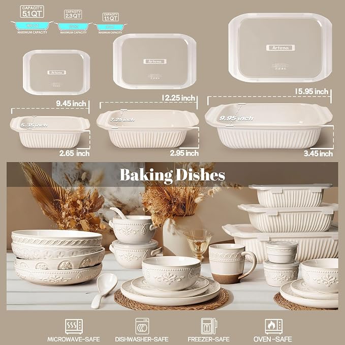 Artena Casserole Dishes For Oven, Ceramic Baking Dish, Large Lasagna Pan With Handles, Baking Pan Casserole Dish, Rectangular Bakeware Deep, Set Of 3 (5.1Qt/2.3Qt/1.1Qt) (White, With Lids)
