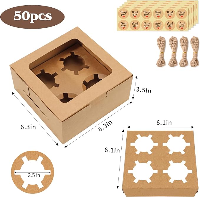 TOMNK 50 PCS Cupcake Boxes with Window, 6.3x6.3x3 Inch Cookie Boxes, Brown Bakery Containers for Pastry, Dessert, Chocolate Strawberries, Treat Boxes with Stickers and Jute Twine