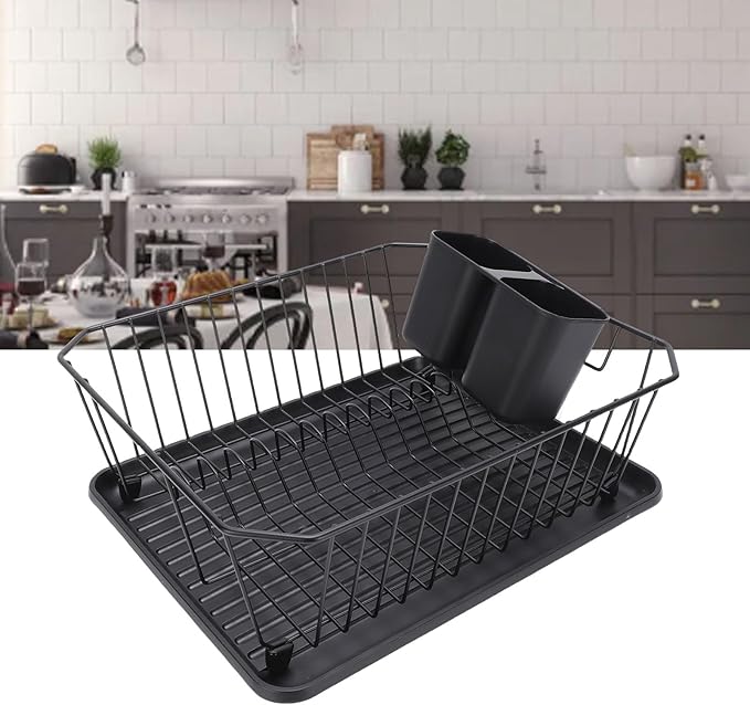 Haofy Dish Drying Rack, Iron Dish Drainer Rack with Utensil Holder for Kitchen Counter Sink, Spoons and Forks Storage (Black)