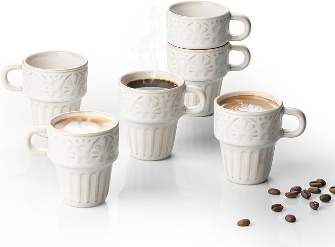 3.3 OZ Coffee Mugs, Ceramic Coffee Mug, Espresso Cups, Stackable Mug, Mug Set of 6, Coffee Cups for Tea Cocoa Cappuccino - Office Party Gathering, Great Gift for Birthday Housewarming Wedding, Beige