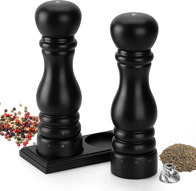 Wooden Salt and Pepper Grinder Set, Manual Salt and Pepper Mill with Ceramic/Stainless Steel Core, Refillable Salt Grinder with External Adjustable Coarseness, 9” Tall (Chocolate)