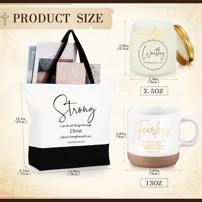 LemonRoad 3 Pcs Christian Gift for Women Inspirational Large Handle Bag Ceramics Coffee Mug Religious Scented Religious Gift for Grandparent Vbs Church Party
