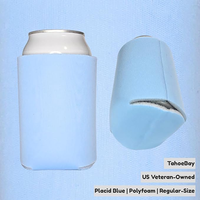 TahoeBay Bulk Blank Beer Can Cooler Sleeves (50-Pack) Sublimation Blanks for Vinyl Plain Soft Foam Can Sleeves Coolers for Soda Cans & Bottles Black, White, Assorted Solid Color (Placid Blue)
