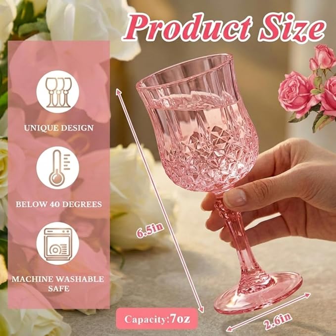 Pinkunn 24 Pcs 7 oz Plastic Vintage Wine Glasses Reusable Colored Goblets Patterned Drinking Water Glasses Cup Dishwasher Safe for Mother's Day Wedding Reception Party Supplies (Pink)