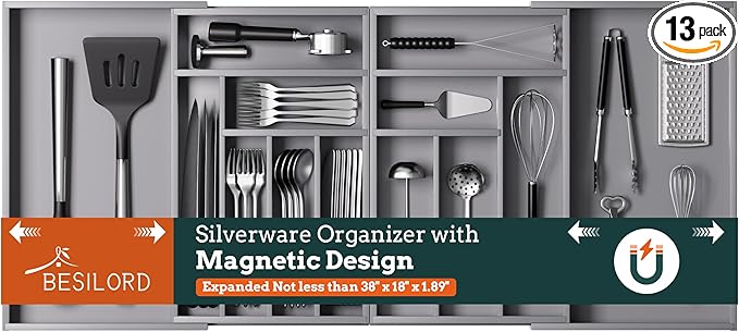 Silverware Organizer Large, Magnetic Connected Expandable 13 Slots Silverware Drawer Organizer from 21 to 37.4 Inches, Adjustable Flatware and Cutlery Holder, Bamboo Utensil Tray for Kitchen Gray