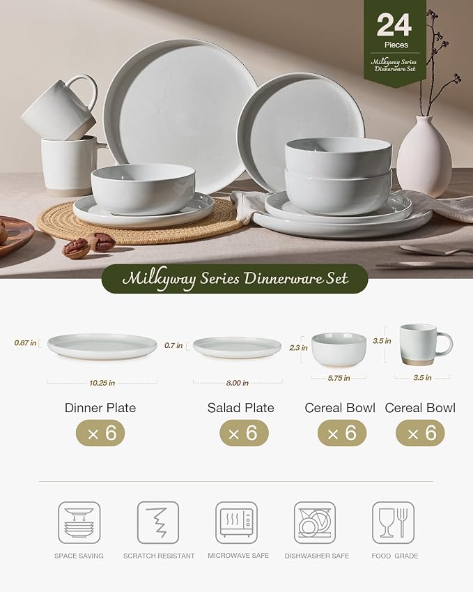 Famiware Milkyway Stoneware Dinnerware Sets with Mugs, Service for 6 (24 Pieces), Plates and Bowls Sets -Scratch Resistant, Microwave and Dishwasher Safe Dishes Set, Light Gray
