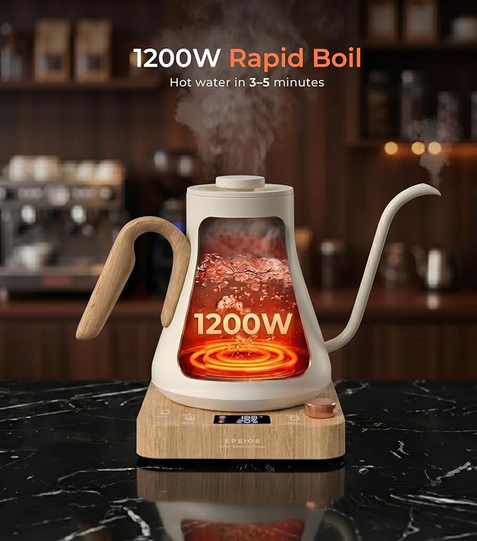 Epeios Electric Kettle, Gooseneck Electric Kettle with ±1°F Temperature Control, 1200W Rapid Heating for Pour Over Coffee & Tea, 304 Stainless Steel Interior, Auto Shut-Off, 0.9L, White Walnut