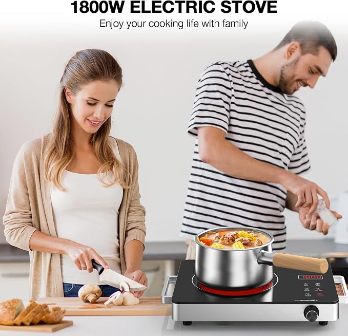 Portable Electric Cooktop 110V, 1800W Electric Stove Infrared Hot Plate with Knob Control, Nafewin Single Burner Countertop Burner with Handle, 4-Hours Timing Setting, Compatible for All Cookwares
