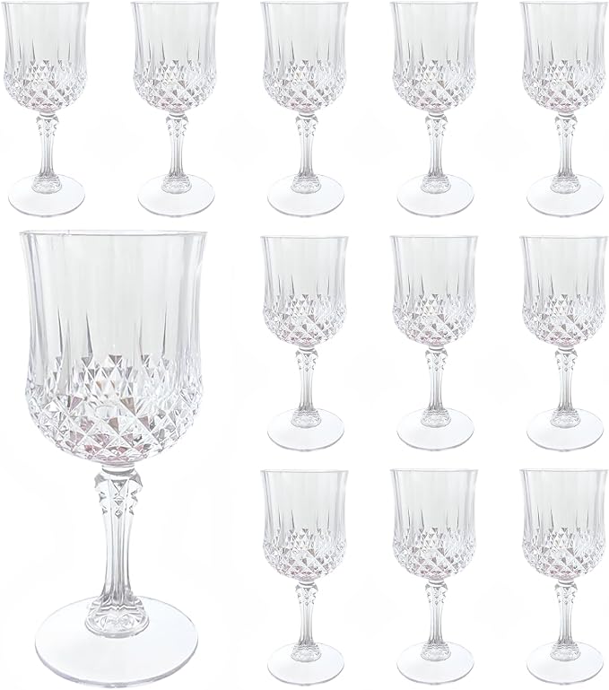 Plastic Wine Glasses, Plastic Goblets Vintage Style Cordial Unbreakable Drinking Glasses, Reusable Drinkware for Wedding Reception, Grand Event Party Supplies (12, Transparent)