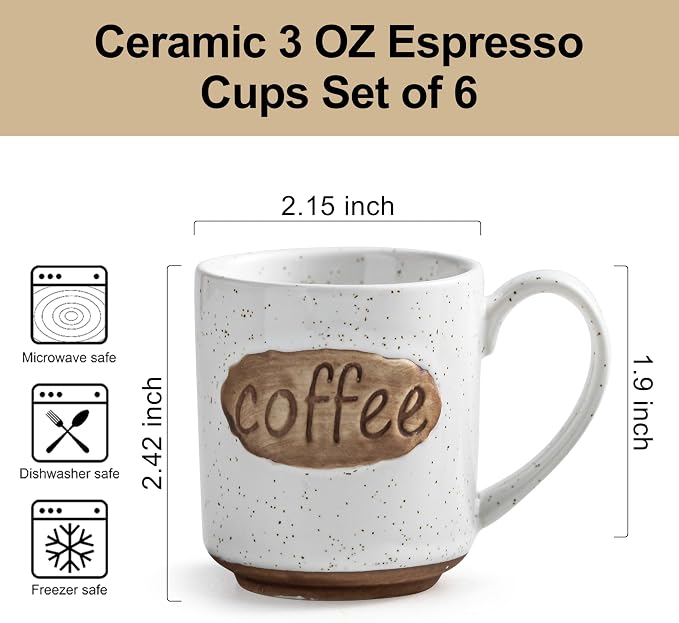 Coffee Cups, Tea Cup, Cute Mini Demitasse Cups Set of 6, Espresso Shot Cups, Coffee Cups Ceramic, Cute Coffee Mugs, Accessories for Coffee Bar, Fit Children, the Elderly, Birthday Party, White