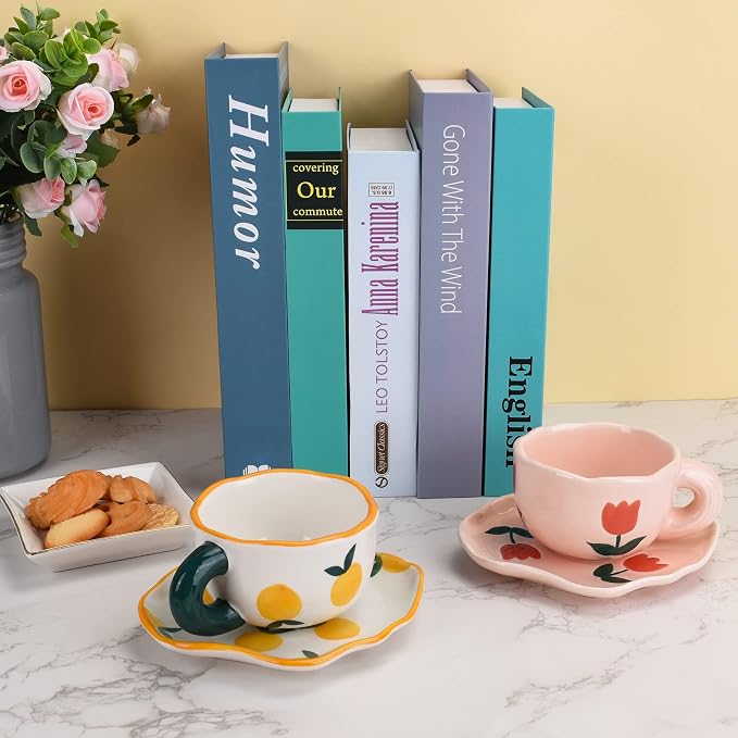 Koythin Ceramic Coffee Mug with Saucer Set, Cute Creative Cup Unique Irregular Saucer Design for Office and Home, Dishwasher and Microwave Safe, 6 oz/180 ml for Latte Tea Milk (Pink Tulips)