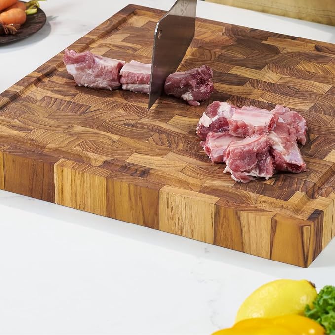 Teak Cutting Board for Kitchen – End Grain 17 x 13 x 1.5 Inch Medium Butcher Block with Juice Groove & Side Handles for Meat & Meal Prep